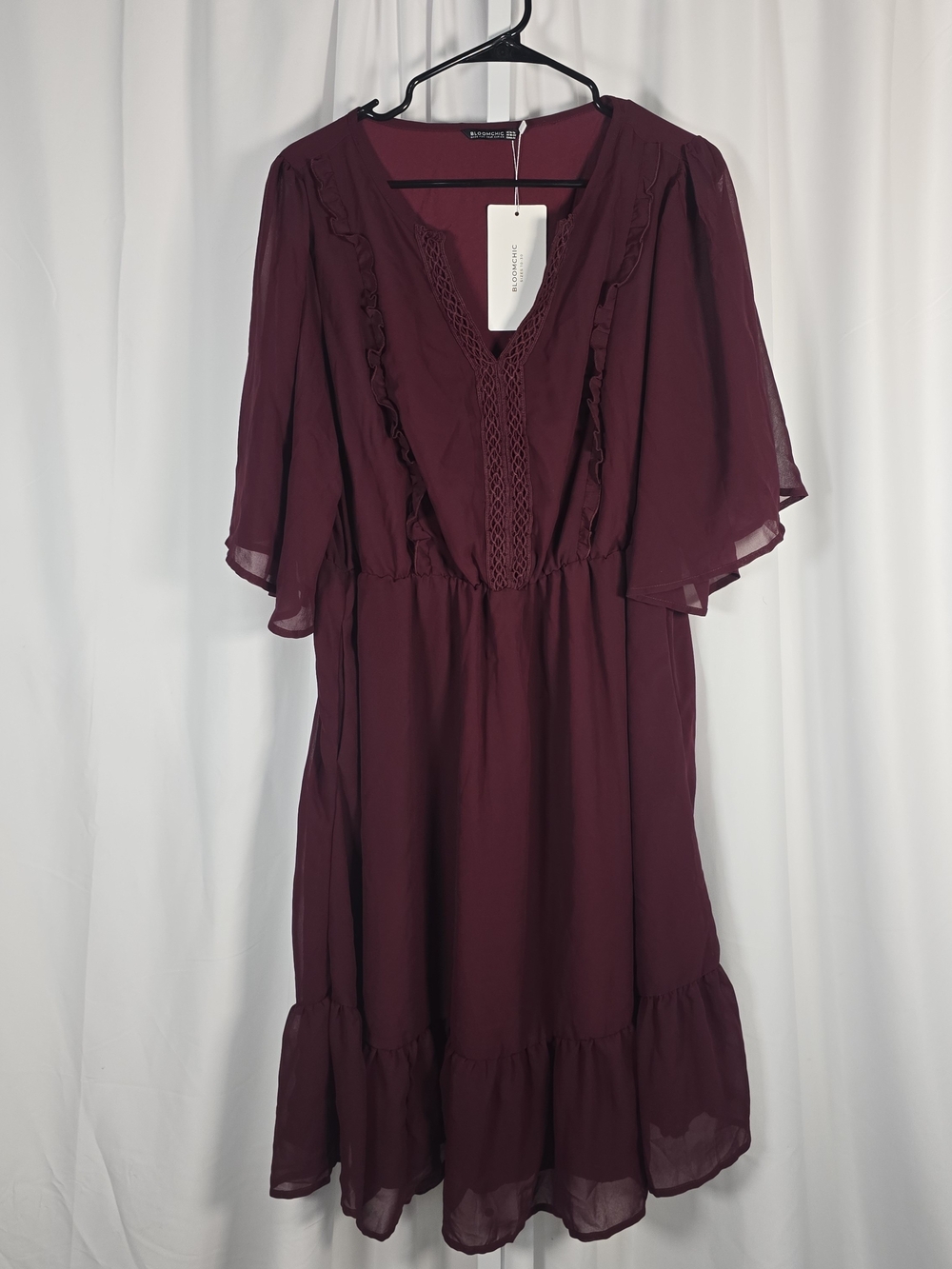 NWT Burgundy Bloomchic Dress, Size 14/26 Midi V-Neck Whimsy Summer Boho